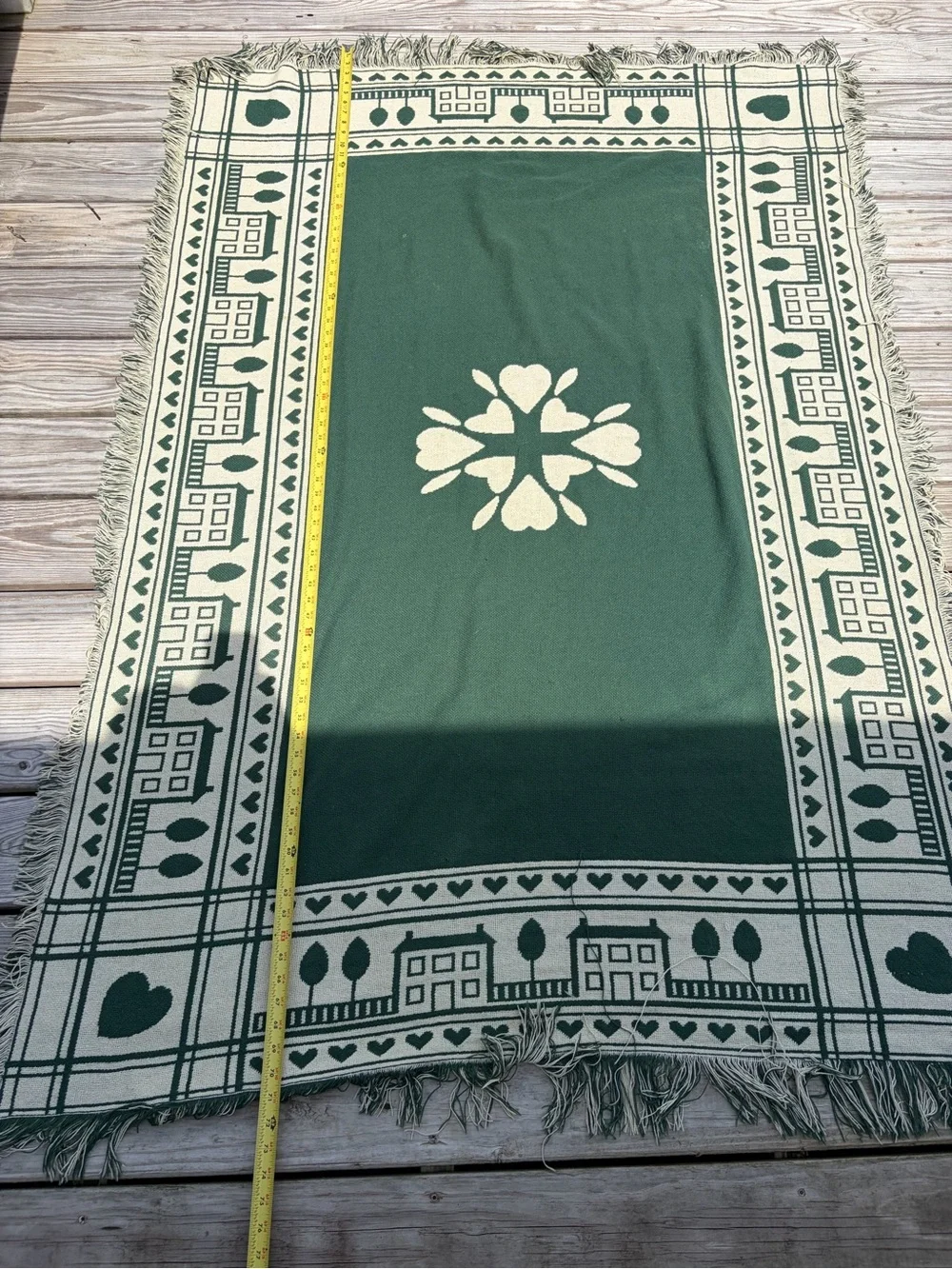 Vintage Green Cream Woven Throw Blanket Cottage Houses Hearts Fringe Farmhouse